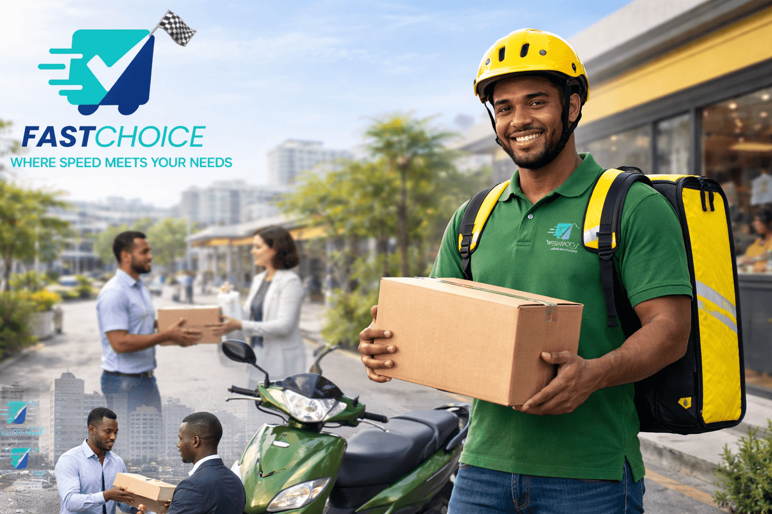 Fast Choice Courier team image with rider and package handoff scenes