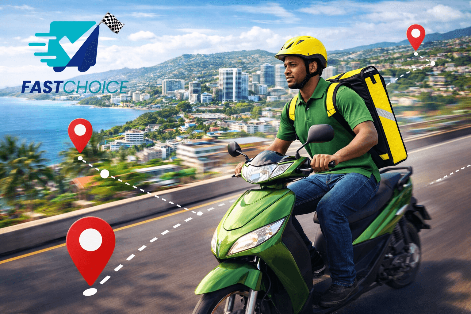 Fast Choice Courier rider traveling through key Jamaica delivery routes