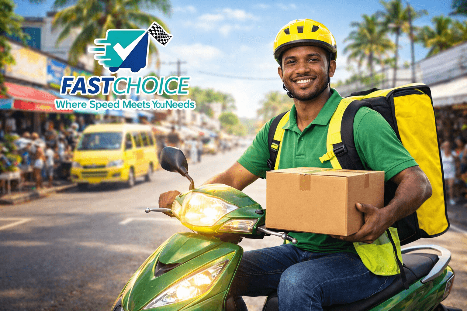 Fast Choice Courier rider with a package on a busy Jamaican street