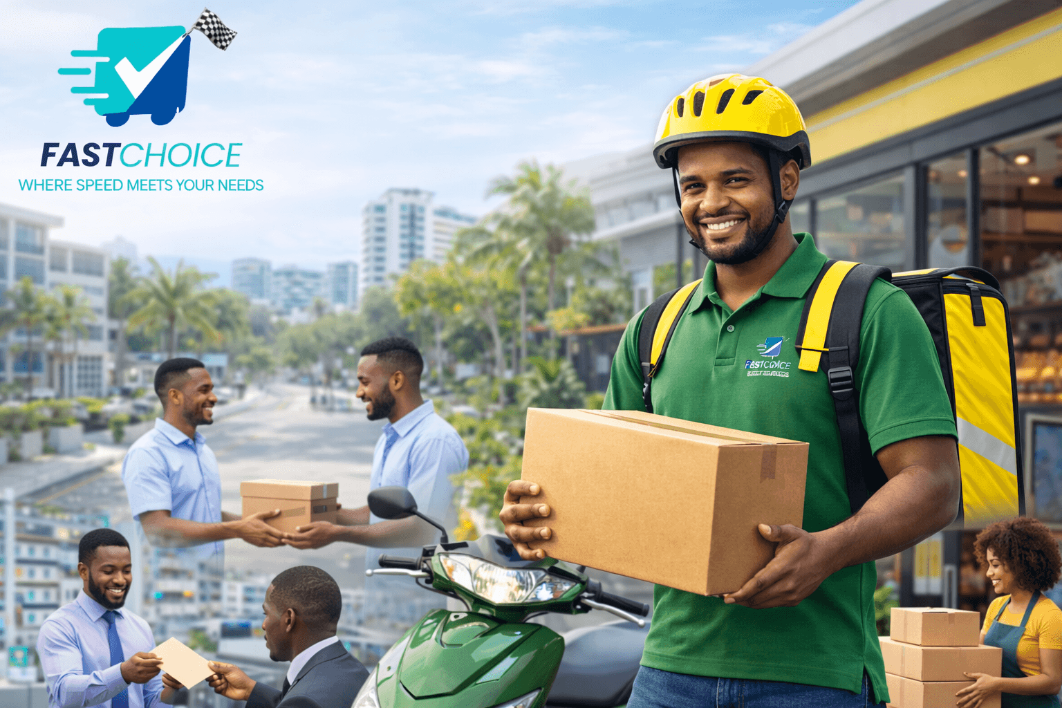 Fast Choice Courier representative with package support for business deliveries