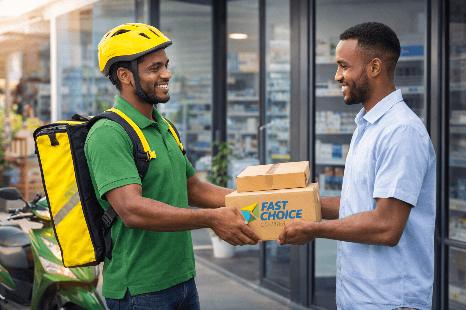 Fast Choice Courier rider making a pharmacy-related delivery