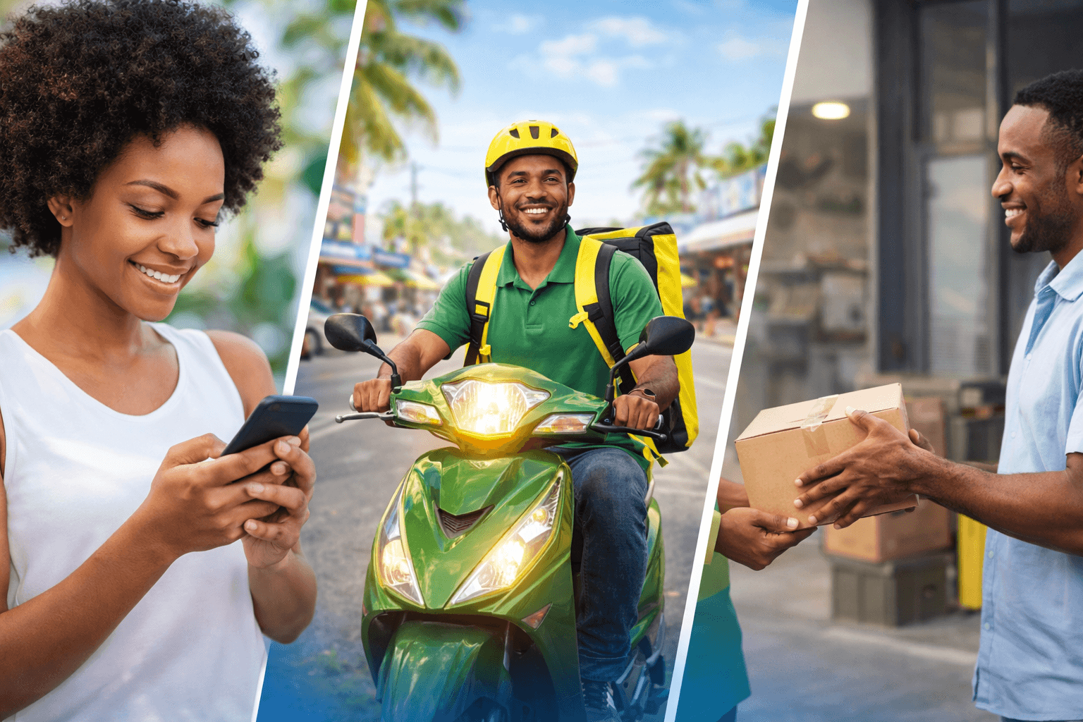 Visual showing WhatsApp ordering, rider dispatch, and delivery handoff